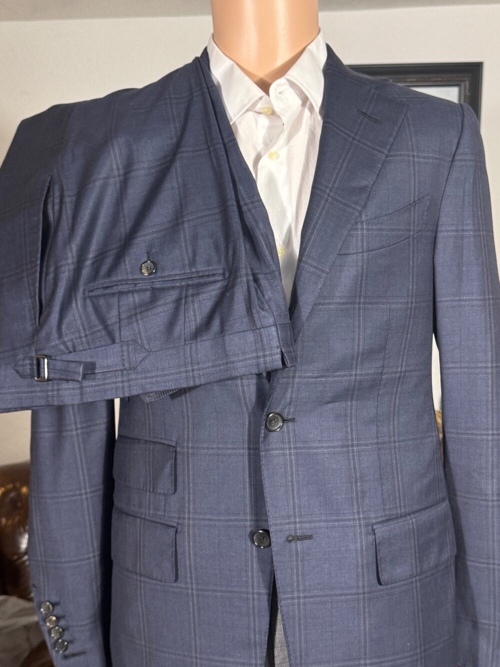 Tom Ford Navy Blue Wool Windowpane 2Pc Suit 48EU 38R US 33x29 Trousers EUC